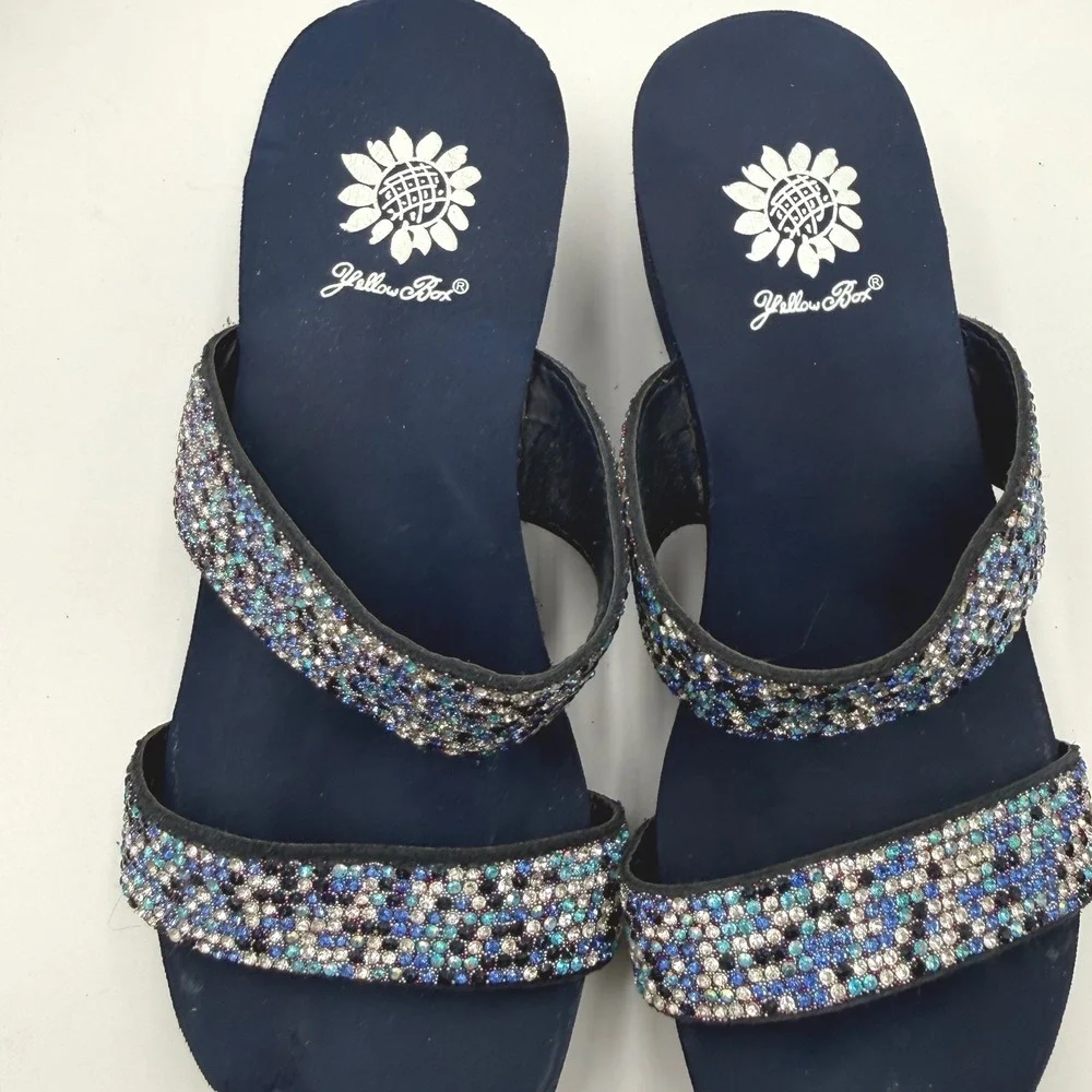 Yellow Box Gazelly Navy Blue Rhinestone Wedge Platform Slide Sandals Womens 7